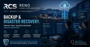 Backup and disaster recovery dashboard showing secure cloud backups and recovery testing for Reno businesses.