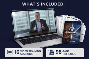 Promotional graphic for “From Chaos to Confidence,” an executive crisis communications system by veteran advisor Tim Brown. The image shows Tim Brown speaking on a laptop screen beside a printed crisis communications playbook and supporting guide pages. H