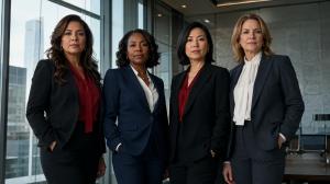 Four professionally dressed midlife women of diverse ethnicities — Latina, African American, Asian, and Caucasian — standing together in a modern boardroom, representing the MenopauseOS avatar research framework.