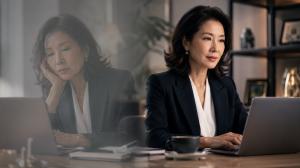 A split-image showing an East Asian woman in her early 50s at her work desk — left side showing fatigue and unfocused expression representing brain fog, right side showing sharp alertness and confident posture representing clarity.