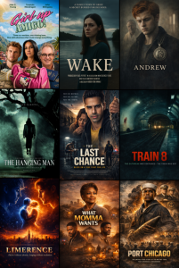 Poster collage showing Accerts Productions’ Cannes 2026 development and packaging slate, including Girl Up Amigo!, Wake, Andrew, The Hanging Man, The Last Chance, Train 8, Limerence, What Momma Wants, and Port Chicago.