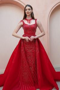 Red beaded evening gown from Lace Muse Bridal boutique in Sugar Land Texas