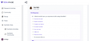 Screenshot of the Terapage platform displaying the Synthetic Community dashboard with a poll response about skincare product benefits, including options such as improved skin glow, brighter complexion, smoother texture, and increased hydration.