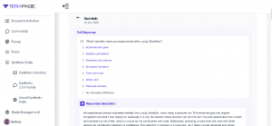 Screenshot of the Terapage research platform showing the Synthetic Community section with AI-generated poll responses and a detailed participant feedback description discussing skincare benefits such as enhanced glow, smoother texture, hydration, and redu