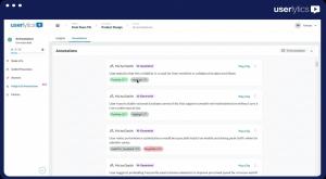 Userlytics Automated Annotations feature showing an AI-generated session highlight reel with timestamped annotation cards, positive and negative sentiment tags, and a stitched video compilation from a UX research session