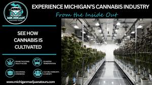 Promotional graphic for Michigan Marijuana Tours featuring a licensed cannabis cultivation facility and educational cannabis tourism experiences.