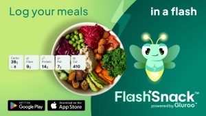 A photo of meal in a white bowl consisting of colorful vegetables. An animated green firefly is smiling to the right of the meal. The photo says "Log your meals in a flash" and "FlashSnack powered by Gluroo."