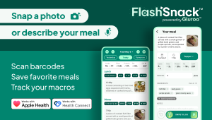 Two screenshots from the FlashSnack app side-by-side: the screenshot to the left shows a meal log consisting of meals consumed that day, with the image on the right showing the meal being logged. The text says "Snap a photo or describe your meal" and "Sca