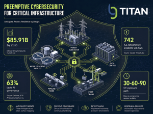 Hero infographic showing five critical infrastructure assets wrapped in a green protective shield with four key cybersecurity statistics.