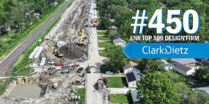 Photo of an engineering project depicting stormwater engineering and text overlay indicating Clark Dietz is #450 on ENR's Top 500 Design Firms List