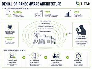 Infographic showing a denial-of-ransomware architecture with five concentric defense rings around a power substation blocking an attacker.
