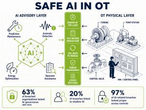 Infographic showing safe AI integration in OT with an AI advisory layer, five guardrails, and a physical layer of industrial equipment.