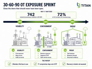 Infographic showing a 30-60-90 day OT exposure sprint progressing from Visibility to Containment to Proof across three phases.