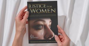 Promotional display image of Justice for Women by Dr. Jude Jeanville featuring the book cover held in hands, highlighting themes of women’s equality, discrimination, and social justice
