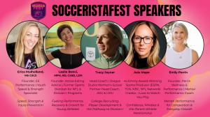 Speaker lineup for SocceristaFest including Tracy Joyner, Leslie Bonci, Erica Mulholland, Asia Mape, and Emily Perrin.