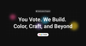 PODpartner VoteCustom Program banner featuring the tagline "You Vote. We Build. Color, Craft, and Beyond" on a dark background with colorful glowing orbs.