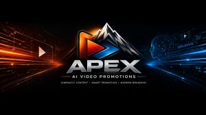 APEX Video Promotions Banner - a play button in orange and blue imposed on the peak of a mountain