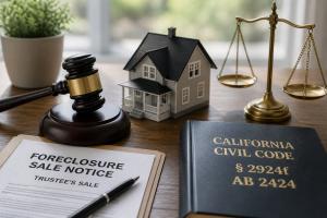 Professional desk scene with a small house model, gavel, balance scale, foreclosure sale notice, and California Civil Code book representing foreclosure law and homeowner equity protection.