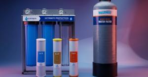 Express Water Ultimate Protection 3-stage whole house filter and WaterBoss whole house water filter tank shown with three replacement cartridges in front: ACB activated carbon block, KDF, and PHO polyphosphate.