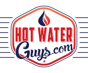 Hot Water Guys logo, featuring a hexagonal red and navy badge with a flame icon, the brand name "Hot Water" in red block lettering, and "Guys.com" in navy script.