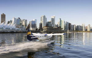 Harbour Air seaplane on the water in front of Canada Place