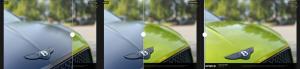 Before and after comparison showing a Bentley hood in original gray and visualized in Orafol 970RA Citrus Fury green using Wrap Up AI