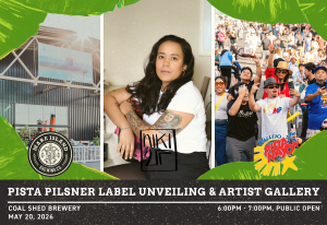 A graphic featuring Mare Island Brewing Co., Artist Niki Toney and Vallejo Pista Sa Nayon inviting the public to the Artist Showcase and Label Unveiling event at the Coal Shed Brewery.