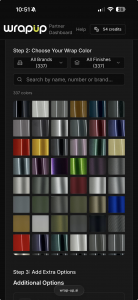 Wrap Up AI color selection screen showing 337 vehicle wrap colors and finishes from all major brands, filterable by brand and finish type, on wrap-up.ai
