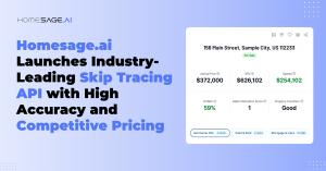 Homesage.ai promotional banner announcing the launch of its Skip Tracing API, featuring a property card showing listing price, ARV, spread, LP/ARV ratio, seller motivation score, and property condition.