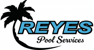 The Reyes Pool Services company logo featuring a black palm tree and blue block lettering.