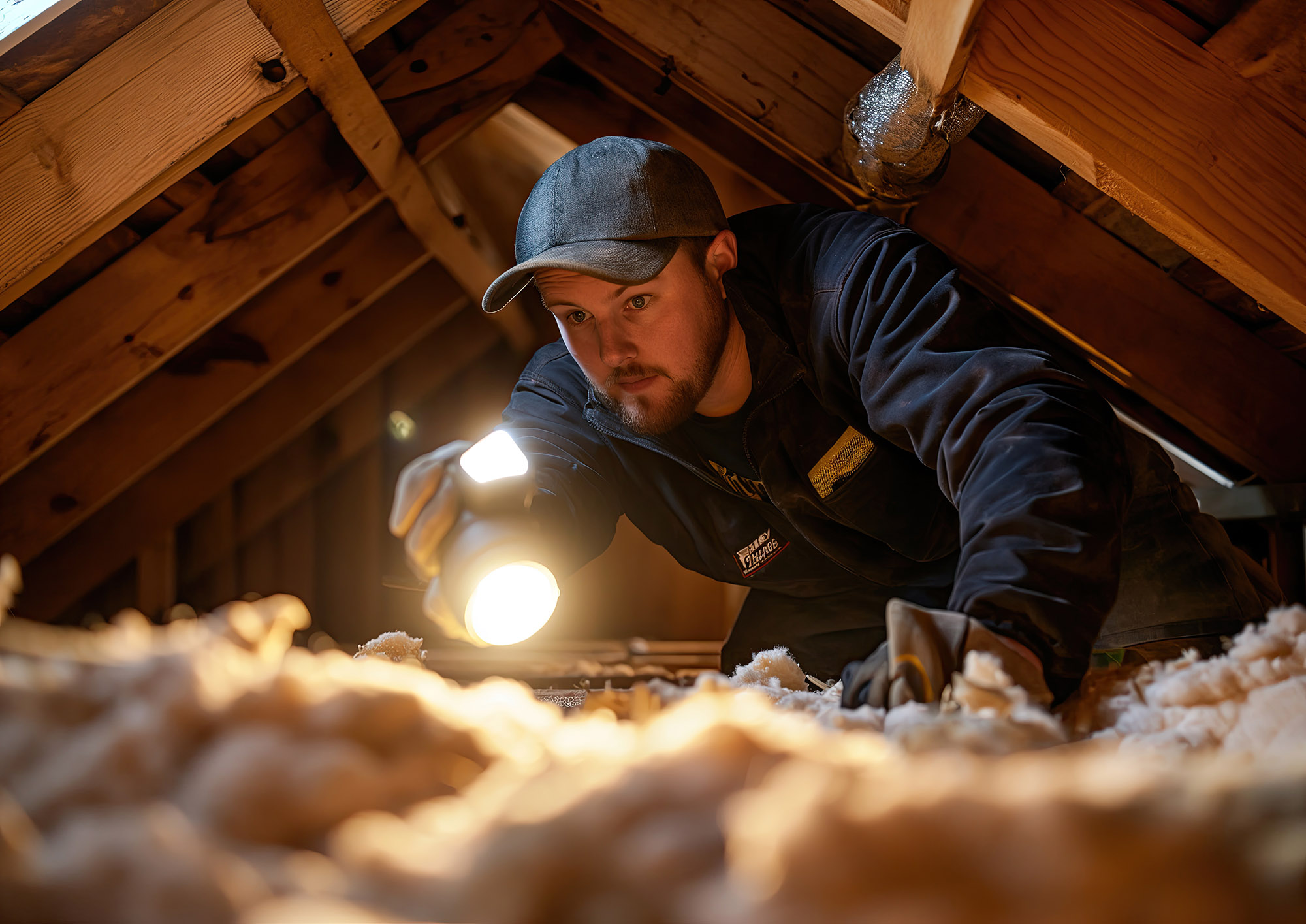 Licensed home inspector performing an attic inspection for a Florida home insurance report.
