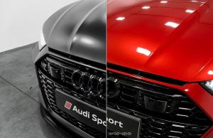 Split before and after image of an Audi Sport front hood, left side in original matte black, right side visualized in deep red metallic wrap, created using the AI visualization tool at 2wrap.com/AI