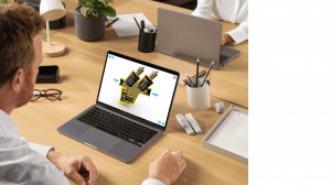 Man at an office desk viewing an interactive 3D cutaway model of a dual valve assembly with flow direction arrows on his laptop using the saVRee learning platform.