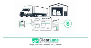 ClearLane logo with freight illustration showing semi-truck, warehouse, rate confirmation, bill of lading, and invoice documents