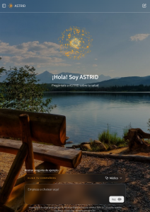 Visually pleasing screenshot in Spanish of ASTRID AI platform showing voice and text AI capabilities.