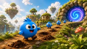 Key art for Fizzles showing several small blue round creatures walking along a bright fantasy path toward a glowing magical portal.