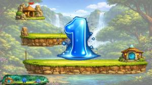 Fizzles Level 1 gameplay screenshot with a large blue number one, grassy platforms, a small entrance house, an exit portal, and HUD icons at the bottom.
