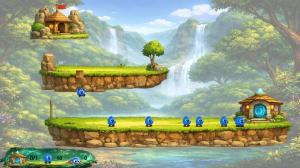 Fizzles Level 1 gameplay screenshot showing several small blue Fizzles walking across grassy platforms toward a glowing exit portal on the right.