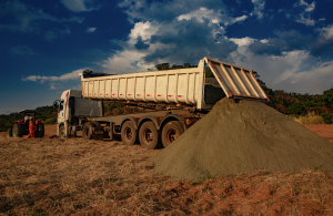Rock powder being delivered to partner farms for spreading on agricultural fields as part of enhanced rock weathering deployment.