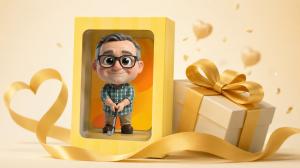A promotional banner for DoDoWish custom Father's Day gifts, featuring a meticulously handcrafted artisan resin figurine of a father displayed next to his original reference photograph.