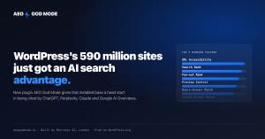 Press header for AEO God Mode, the answer engine optimization WordPress plugin, showing the top 5 AI citation ranking factors for ChatGPT, Perplexity, Claude and Google AI Overviews.