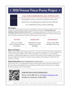 Graphic flyer for the 'Veteran Voices' poetry anthology. Text includes: Open call for U.S. Military Veteran Poets, submission deadline July 24, 2026, and website link santospress.com.