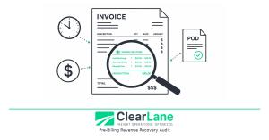 Magnifying glass revealing hidden line items on a freight invoice including fuel surcharge and accessorial fees representing ClearLane pre-billing revenue recovery audit
