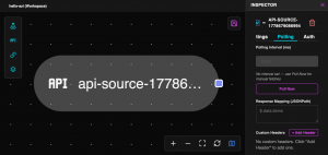 Screenshot of the Open Industrial workspace showing an API Source node on the canvas with the Inspector panel open, displaying polling interval settings, a Pull Now button for manual validation, JSONPath response mapping, and custom headers configuration.