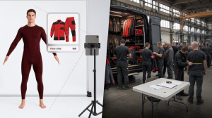 Side-by-side comparison of traditional van-based workwear fitting process and Esenca Sizing's digital body measurement technology used by Mewa Textil-Service.