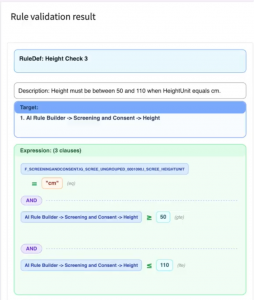 AI-generated clinical trial validation rule created within Captivate AI Rule Builder for EDC study configuration