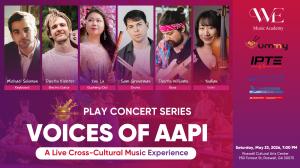 Promotional poster for PLAY: Voices of AAPI featuring live musicians, traditional instruments, and cross-cultural contemporary concert performance in Atlanta.