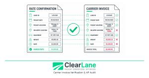 Two freight documents showing rate confirmation matched against carrier invoice with checkmarks and flags representing ClearLane AP audit process