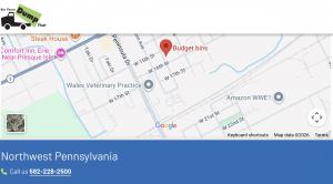 This shows a map of the Erie, Pennsylvania area that Bin There now serves.