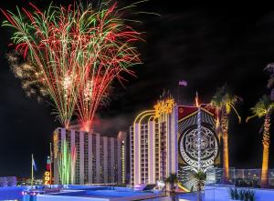 fireworks lighting up the Las Vegas sky above the Plaza Hotel & Casino